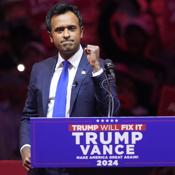 Vivek Ramaswamy speaks before Republican presidential nominee former President Donald Trump at a campaign rally at Madison Square Garden, Sunday, Oct. 27, 2024, in New York. (AP Photo/Evan Vucci)