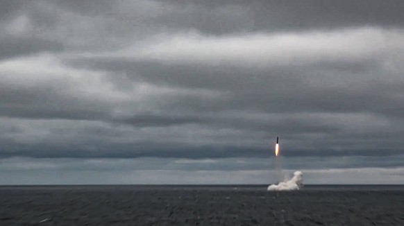 A Sineva ballistic missile is test-fired by the Tula Russian nuclear-powered submarine at Kura Test Range in the Barents Sea, Arctic Ocean as part of Russia s nuclear drills , during an exercise held  ...