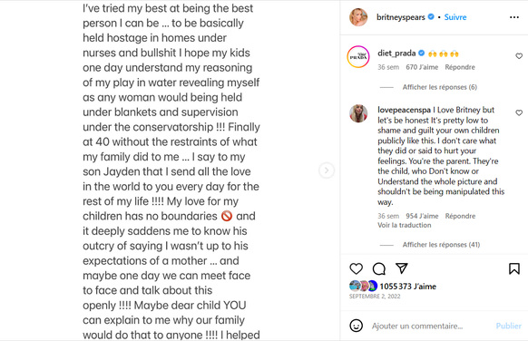 Les excuses de Britney Spears publiées sur son compte Instagram, le 2 septembre 2022.