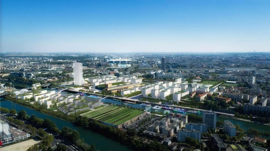 Le village olympique de Paris 2024 (maquette) vu du ciel.