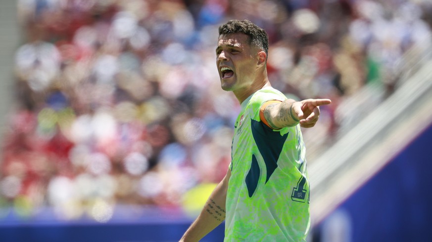 Switzerland's Granit Xhaka reacts during the World Cup Group B soccer match between Qatar and Switzerland at the San Francisco Bay Area Stadium in Santa Clara, Saturday, June 13, 2026. (KEYSTONE/ ...