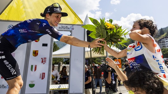 The winner of the stage Elise Chabbey from Switzerland of FDJ - Suez celebrates on the podium during the second stage, a 123,2 km race between Conthey and La Tzoumaz at the 4rd Tour de Romandie Femini ...