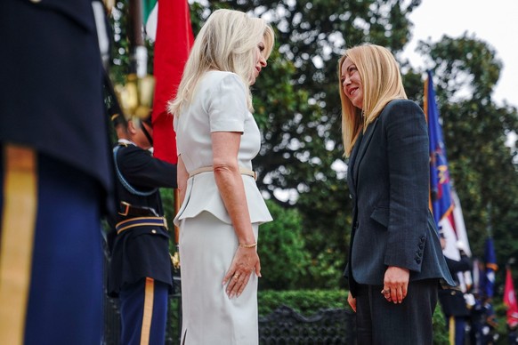 U.S. Chief of Protocol Monica Crowley greets Italy&#039;s Prime Minister Giorgia Meloni as she arrives at the White House amid negotiations to end the Russian war in Ukraine, in Washington, D.C., U.S. ...