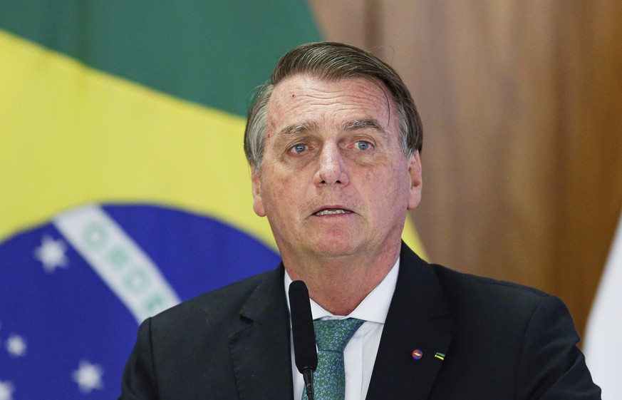 FILE - Brazil&#039;s President Jair Bolsonaro speaks during a joint press conference Paraguay&#039;s president at the Planalto Palace in Brasilia, Brazil, Nov. 24, 2021. Bolsonaro was taken to a Sao P ...