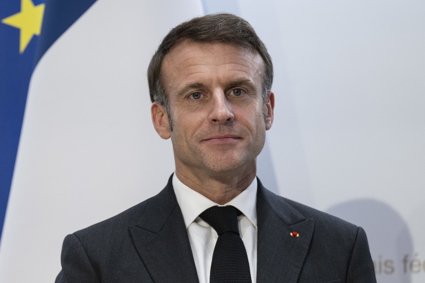 French President Emmanuel Macron speaks during a press conference, in Bern, Switzerland, on Wednesday, November 15, 2023. French President Emanuel Macron Macron and his wife Brigitte is visiting Switz ...