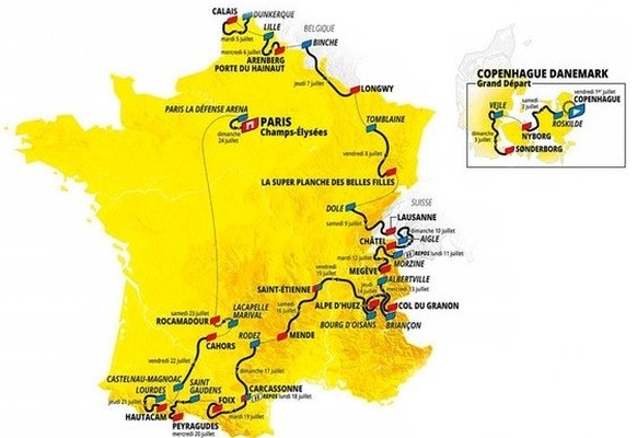 Le tracé du Tour de France 2022: un départ du Danemark puis une traversée de la France dans le sens des aiguilles d'une montre.