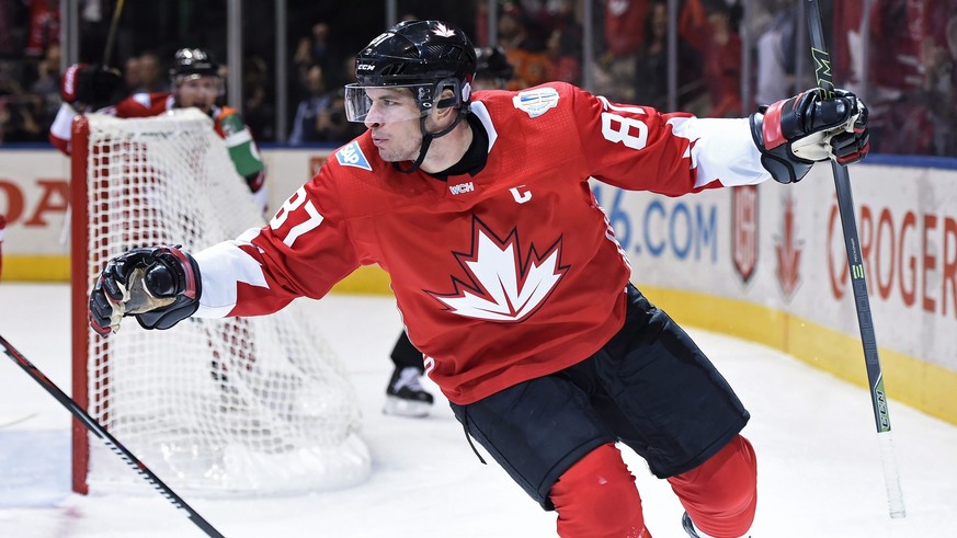 FILE -Team Canada&#039;s Sidney Crosby celebrates after scoring against Team Russia during the first period of a World Cup of Hockey semifinal game, Saturday, Sept. 24, 2016 in Toronto. (Nathan Denett ...