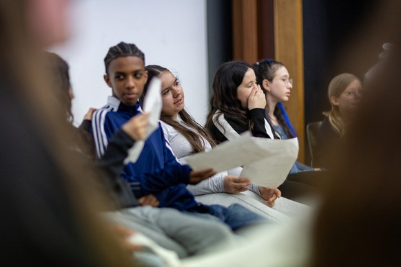 Students take part of a songwriting workshop, just like in 16 schools in the three largest language regions of Switzerland, ahead of the Eurovision Song Contest 2025, which will take place in Basel in ...