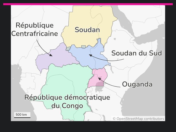 Ouganda, Soudan, Soudan du Sud, République Centrafricaine, République démocratique du Congo.