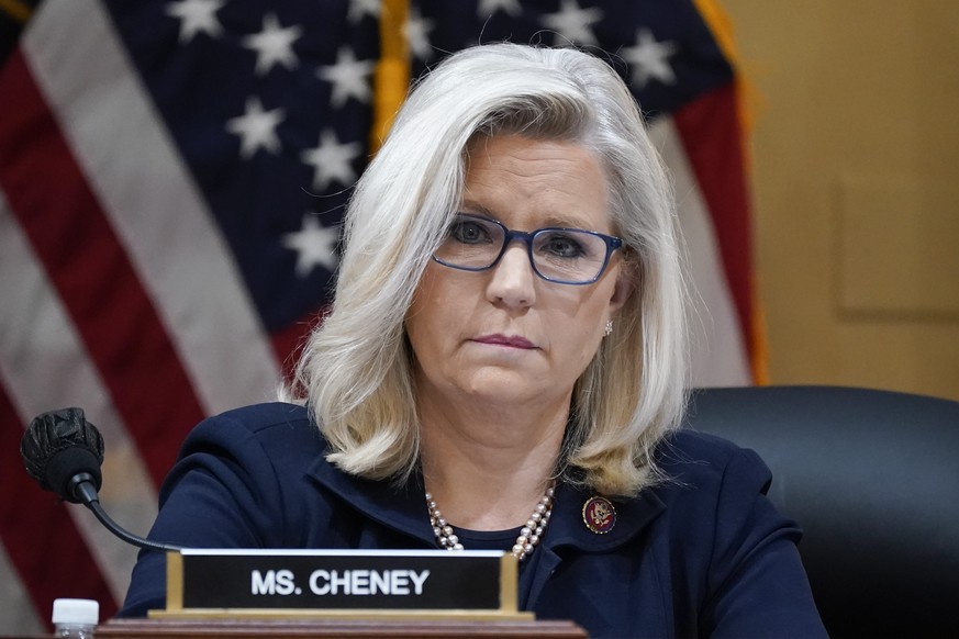 Vice Chair Liz Cheney, R-Wyo., listens as Cassidy Hutchinson, former aide to Trump White House chief of staff Mark Meadows, testifies as the House select committee investigating the Jan. 6 attack on t ...
