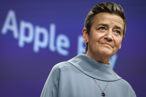 epa11472108 Executive Vice-President of the European Commission in charge of Europe fit for the Digital Age and Commissioner for Competition Margrethe Vestager attends a press conference on the Apple  ...