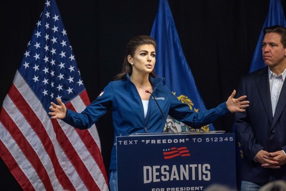 LACONIA, NEW HAMPSHIRE - JUNE 1: Florida First Lady Casey DeSantis delivers speaks alongside her husband Republican presidential candidate Florida Gov. Ron DeSantis during a stop on his &quot;Our Grea ...