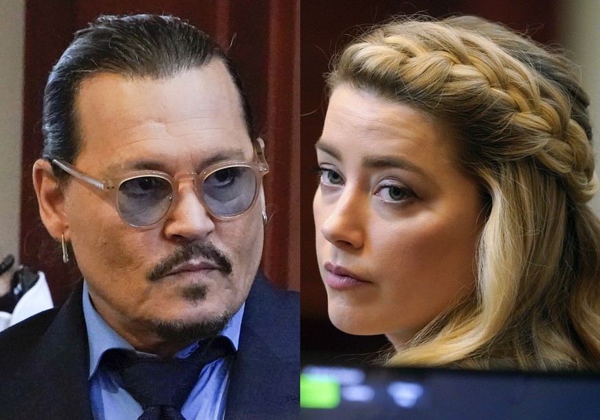 This combination of two separate photos shows actors Johnny Depp, left, and Amber Heard in the courtroom for closing arguments at the Fairfax County Circuit Courthouse in Fairfax, Va., on Friday, May  ...