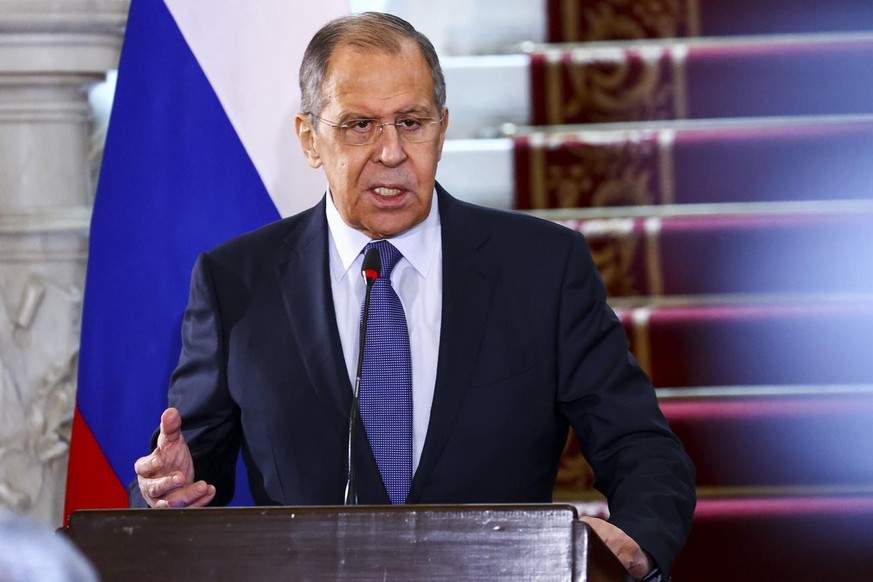 In this photo released by Russian Foreign Ministry Press Service, Russia&#039;s Foreign Minister Sergey Lavrov gestures during his and Egyptian Foreign Minister Sameh Shukry joint news conference foll ...