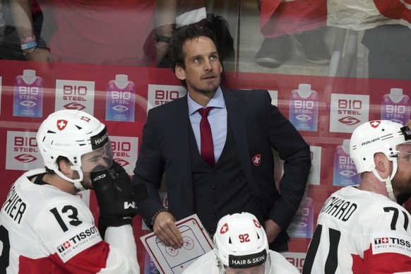 Head coach Patrick Fischer of Switzerland reacts during the group B match between Switzerland and Canada at the ice hockey world championship in Riga, Latvia, Saturday, May 20, 2023. (AP Photo/Roman K ...