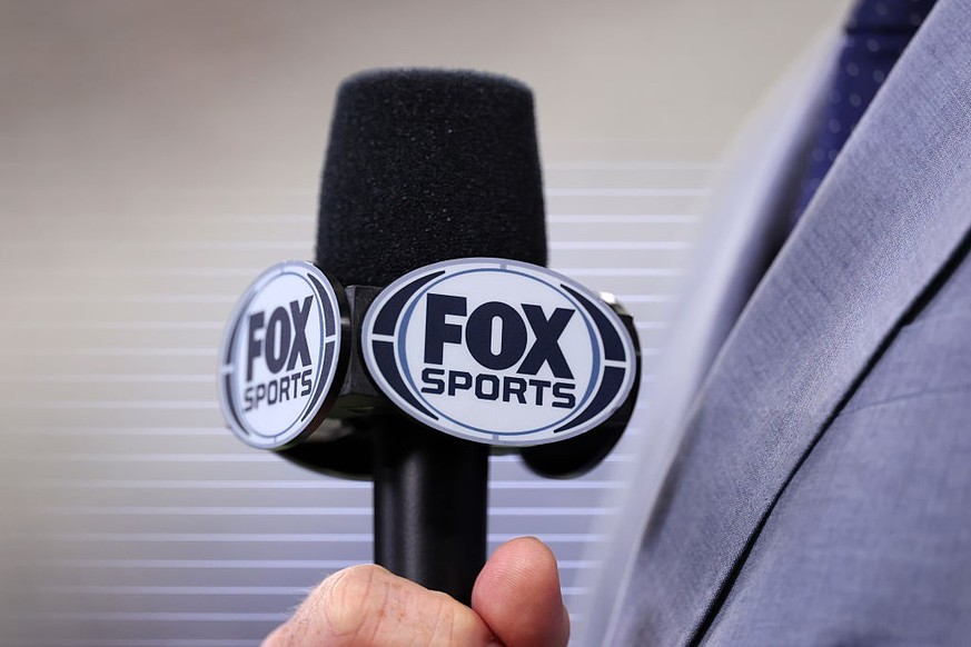 ARLINGTON, TEXAS - JUNE 17: Fox Sports branding is seen on a microphone during the FIFA World Cup 2026 Group L match between England and Croatia at Dallas Stadium on June 17, 2026 in Dallas, United St ...