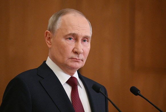 epa11745489 Russian President Vladimir Putin speaks during a press conference following the Collective Security Council (CSC) meeting of the Collective Security Treaty Organisation (CSTO) in Astana, K ...
