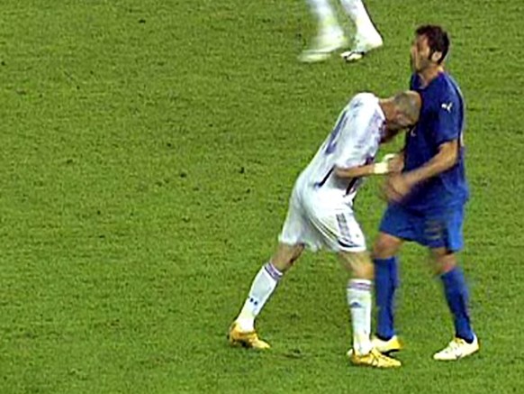In this image from ABC television, French soccer player Zinedine Zidane head-butts Italy's Marco Materazzi during the Soccer World Cup Final in Berlin in this July 9, 2006 file photo. (KEYSTONE/A ...