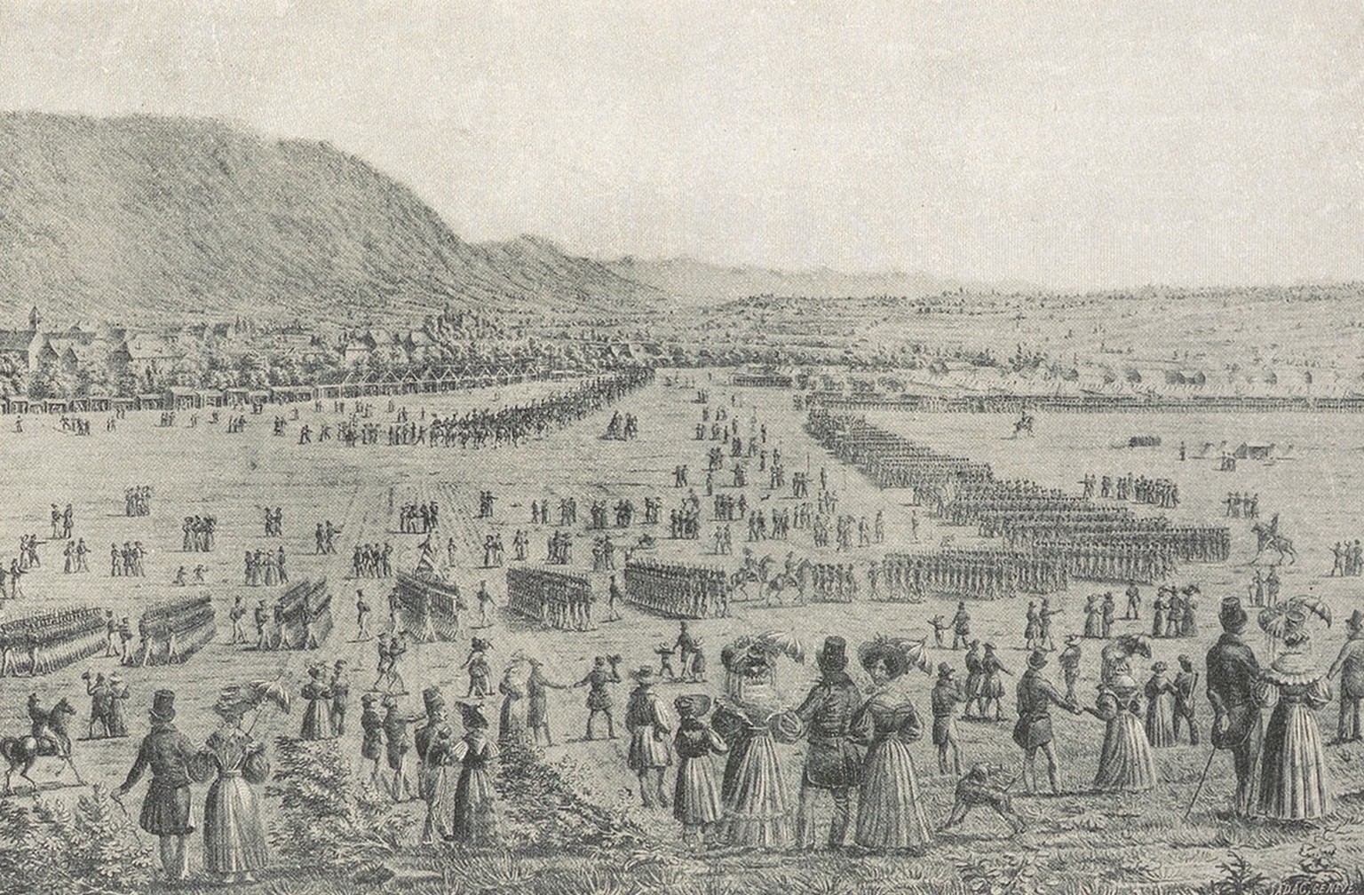 Camp d’entraînement sur la place d’armes de Bière, 1830.
http://doi.org/10.7890/ethz-a-000519716