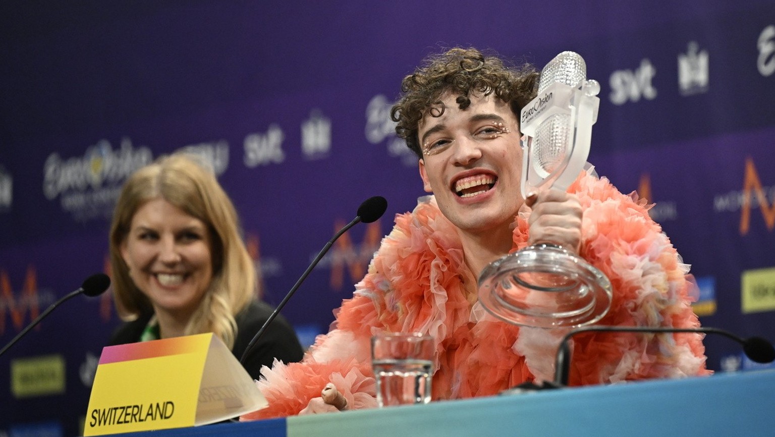 epa11334276 This year&#039;s winner Nemo representing Switzerland during the press conference after the final of the 68th edition of the Eurovision Song Contest (ESC) at the Malmo Arena, in Malmo, Swe ...