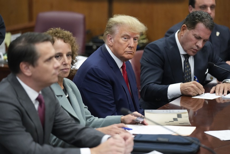 FILE - Former President Donald Trump sits at the defense table with his legal team in a Manhattan court, April 4, 2023, in New York. Ten months before Trump is scheduled to stand trial in his historic ...