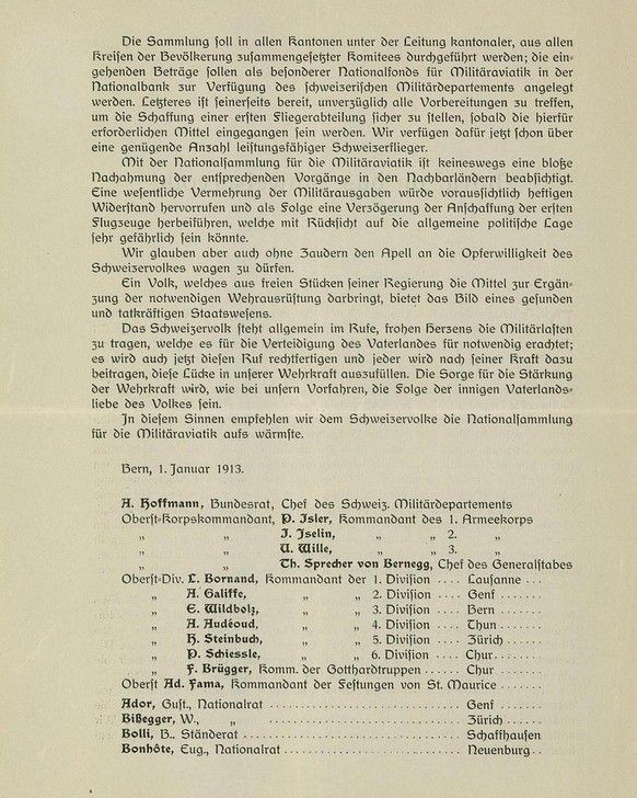 Appel aux dons pour la création d’une aviation militaire suisse, 1912.
https://www.recherche.bar.admin.ch/recherche/#/fr/archive/unite/4122886