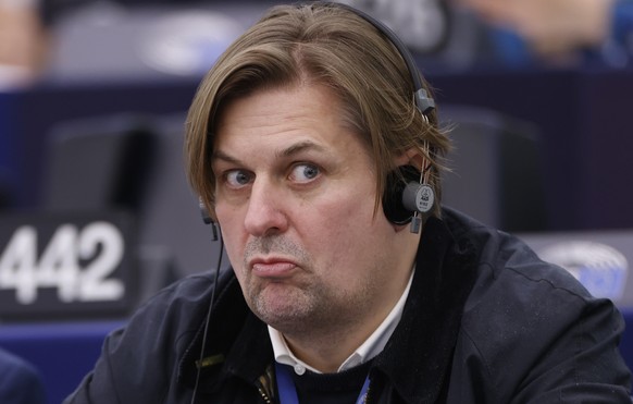 FILE - Germany&#039;s Maximilian Krah, of the German far-right Alternative for Germany party, grimaces during a session at the European Parliament in Strasbourg, France, Tuesday, April 23, 2024. Germa ...