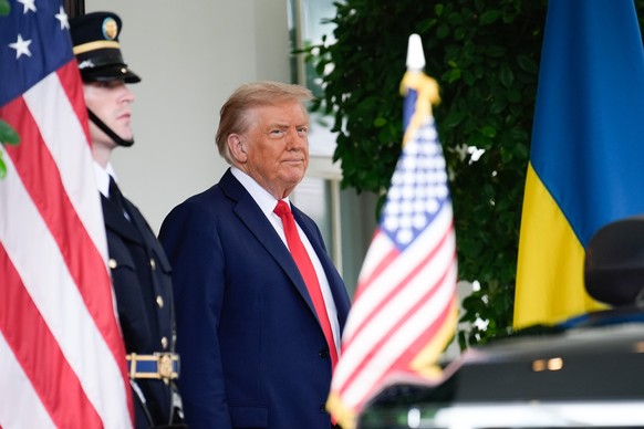US President Donald Trump greets Ukrainian President Volodymyr Zelenskiy before their meeting with European Leaders at the White House in Washington on August 18, 2025. Photo by Yuri Gripas/Pool/Sipa  ...
