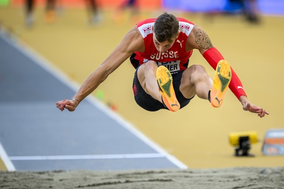 Simon Ehammer of Switzerland in action during the men&#039;s long jump qualification of the World Athletics Championships at the National Athletics Centre, in Budapest, Hungary, Wednesday, August 23,  ...