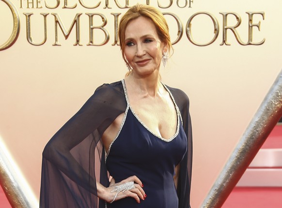 J. K. Rowling poses for photographers upon arrival at the World premiere of the film 'Fantastic Beasts: The Secrets of Dumbledore' in London Tuesday, March 29, 2022. (Photo by Joel C Ryan/In ...