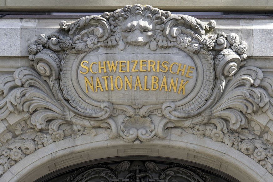 The logo of the Swiss National Bank SNB pictured at the Federal square (Bundesplatz) in Bern, Switzerland, Thursday, March 16, 2023. Credit Suisse is borrowing up to 50 billion francs from the Swiss N ...