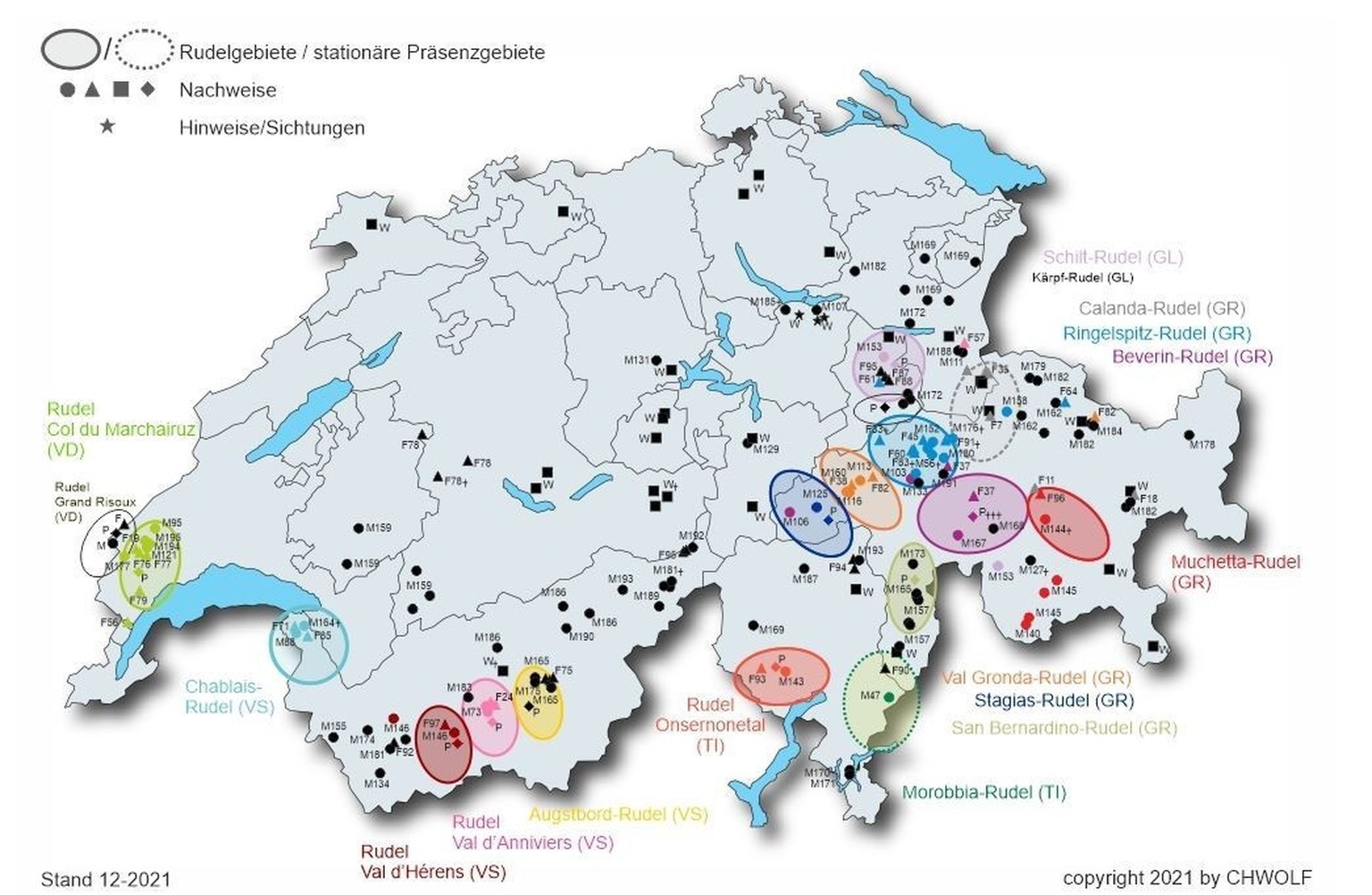 La répartition du loup en Suisse en 2021.