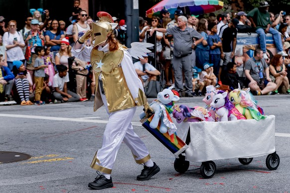 epa10836499 A fan of &#039;My Little Pony&#039; participates in the Dragon Con Parade, during the annual science fiction, pop culture and fantasy convention in Atlanta, Georgia, USA, 02 September 2023 ...