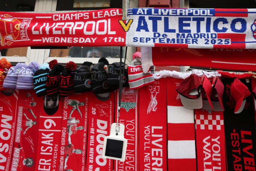 17th September 2025 Anfield, Liverpool, Merseyside, England UEFA Champions League Football, Liverpool versus Atletico Madrid Liverpool match scarves on sale outside the Kop PUBLICATIONxNOTxINxUK David ...
