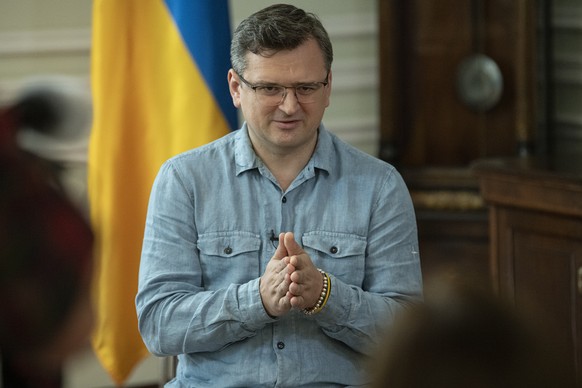 Ukrainian Foreign Minister Dmytro Kuleba speaks during his interview to The Associated Press in Kyiv, Ukraine, Tuesday, July 12, 2022. Ukraine&#039;s foreign minister says grain exports from his count ...
