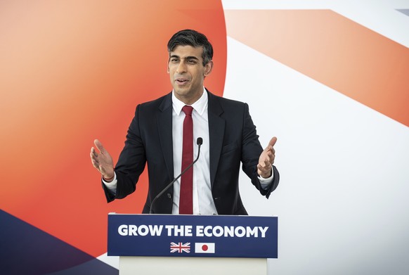 British Prime Minister Rishi Sunak makes a speech during a business reception at Mori Art Museum, Roppongi Hills Mori Tower, Tokyo, Japan, ahead of the G-7 Summit in Hiroshima, Thursday May 18, 2023.  ...