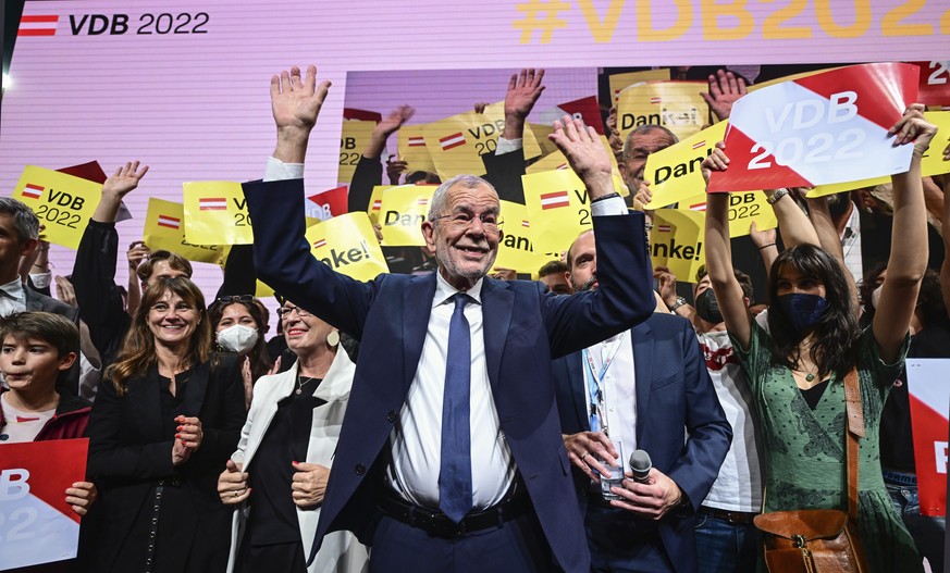 epa10233590 Austrian President Alexander Van der Bellen attends his election party after the Austrian presidential elections in Vienna, Austria, 09 October 2022. Over six million Austrians cast votes  ...