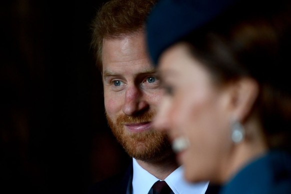 LONDON, ENGLAND - APRIL 25: Catherine, Duchess of Cambridge and Prince Harry, Duke of Sussex attend the ANZAC Day Service of Commemoration and Thanksgiving at Westminster Abbey on April 25, 2019 in Lo ...