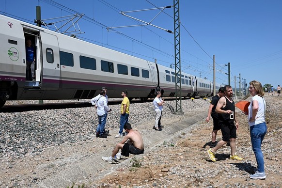 Passengers stand next to a stopped high-speed AVE train near Cordoba on April 28, 2025, during a massive power cut affecting the entire Iberian peninsula and the south of France. A &quot;massive&quot; ...