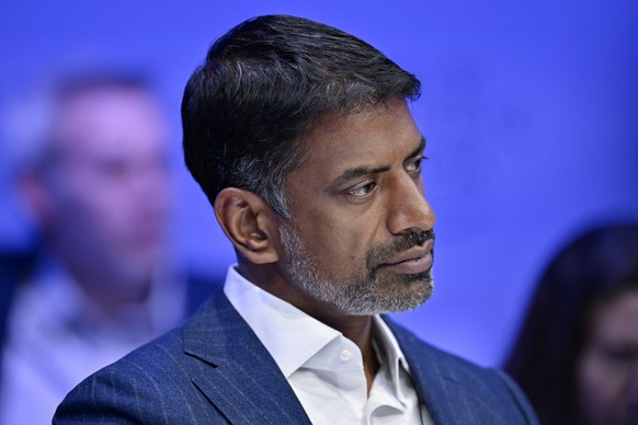 CEO of Swiss Pharma multinational Novartis Vas Narasimhan participates in a panel session during the 53rd annual meeting of the World Economic Forum (WEF) in Davos, Switzerland, Wednesday, Jan. 18, 20 ...