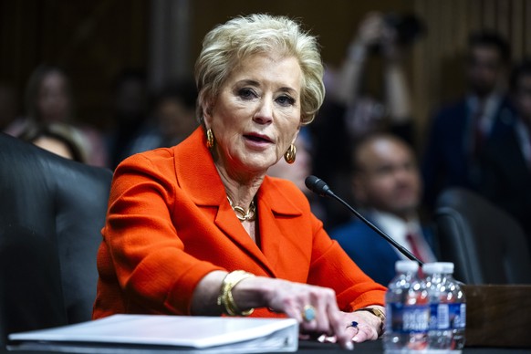 epa11893314 US President Donald Trump&#039;s nominee for education secretary Linda McMahon testifies at her nomination hearing before the Senate Health, Education, Labor and Pensions Committee in the  ...