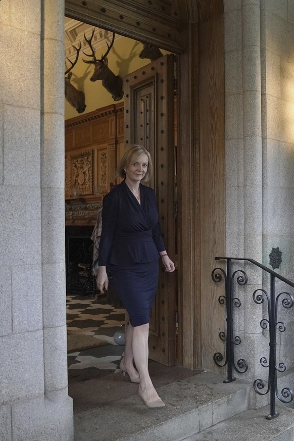 Newly elected leader of the Conservative party Liz Truss leaves Balmoral after an audience with Queen Elizabeth II where she was be invited to become Prime Minister and form a new government, in Aberd ...