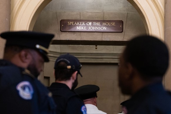 UNITED STATES - OCTOBER 25: A new sign for Speaker of the House Mike Johnson, R-La., is seen in the U.S. Capitol after Johnson won the speakership on Wednesday, October 25, 2023. (Tom Williams/CQ-Roll ...