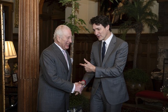 Britain&#039;s King Charles III, left, meets Canadian Prime Minister Justin Trudeau at the Sandringham Estate in Norfolk, England, Monday March 3, 2025. (Aaron Chown/PA via AP, Pool)
Britain Canada