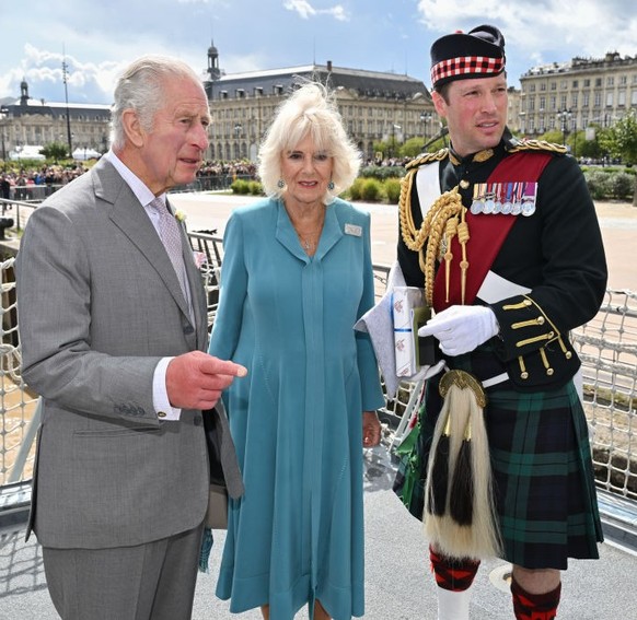 BORDEAUX, FRANCE - SEPTEMBER 22: (NO UK Sales For 28 Days Post Create Date) King Charles III, Queen Camilla and Major Jonathan Thompson on the Royal Navy Frigate HMS Iron Duke on September 22, 2023 in ...