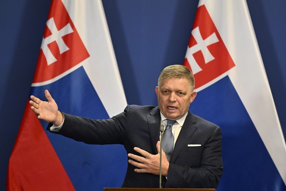 Slovakia&#039;s Prime Minister Robert Fico speaks during a press conference with Hungary&#039;s Prime Minister Viktor Orban at the Carmelite Monastery in Budapest, Hungary, Tuesday, Jan. 16, 2024. (AP ...