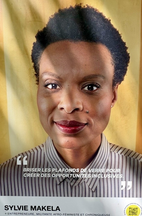 Campagne où apparaît Sylvie Makela dans les rues de Lausanne en juin 2026. Elle y déclare être "afro-féministe" et en faveur de cération d' "opportunités inclusives".