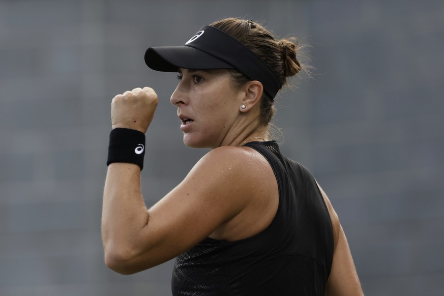 Belinda Bencic, of Switzerland, reacts after scoring a point against Zhang Shuai, of China, during the first-round of the U.S. Open tennis championships, Sunday, Aug. 24, 2025, in New York. (AP Photo/ ...