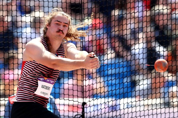 BIRMINGHAM, ENGLAND - AUGUST 06: Ethan Katzberg of Team Canada competes during the Men&#039;s Hammer Throw Final on day nine of the Birmingham 2022 Commonwealth Games at Alexander Stadium on August 06 ...