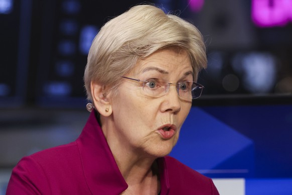 epa12283331 US Senator Elizabeth Warren, Democrat of Massachusetts, during an interview by a television network on the floor of the New York Stock Exchange in New York, United States, 04 August 2025.  ...